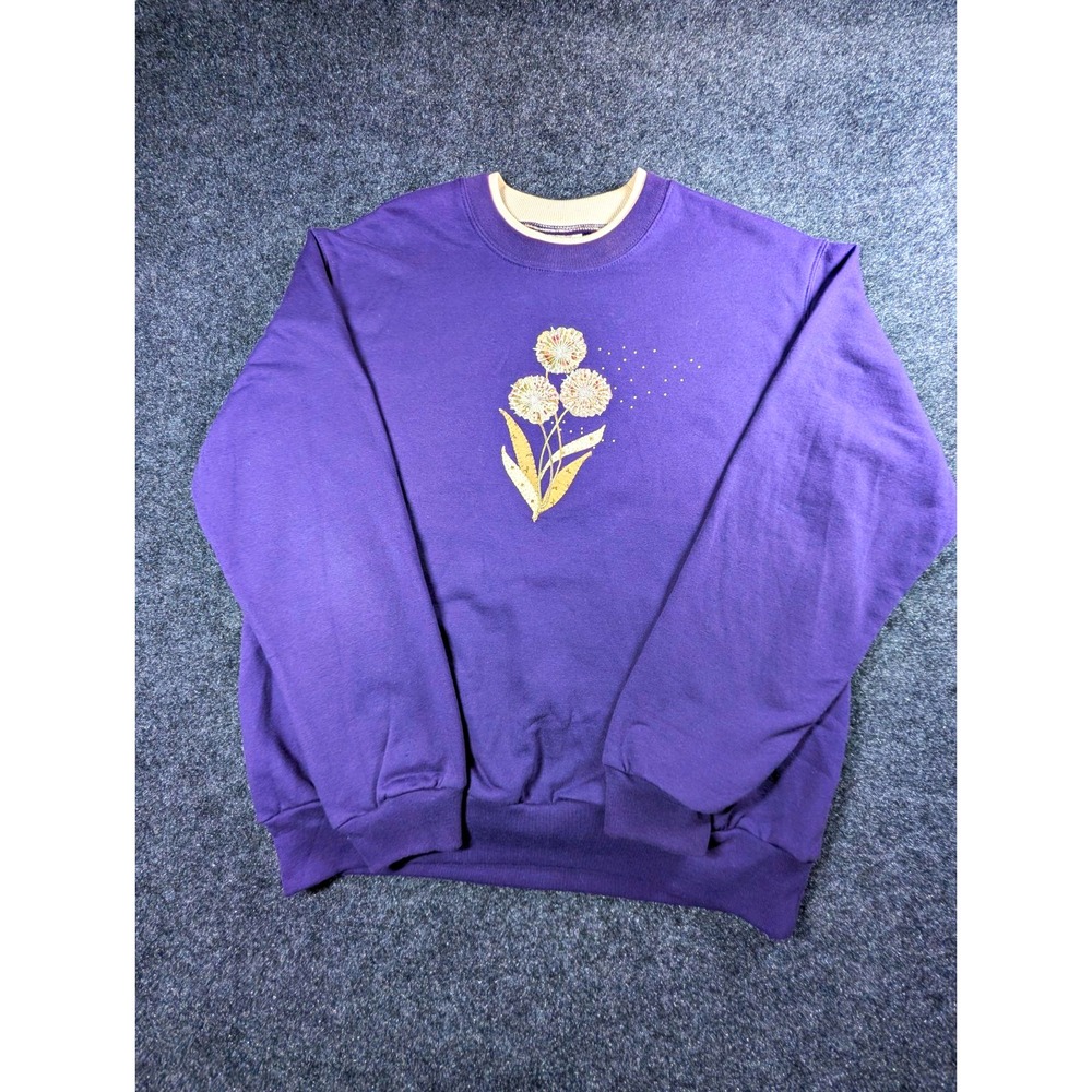 Top Stitch by Morning Sun Purple Floral Beaded Crewneck Sweatshirt L Dandelion